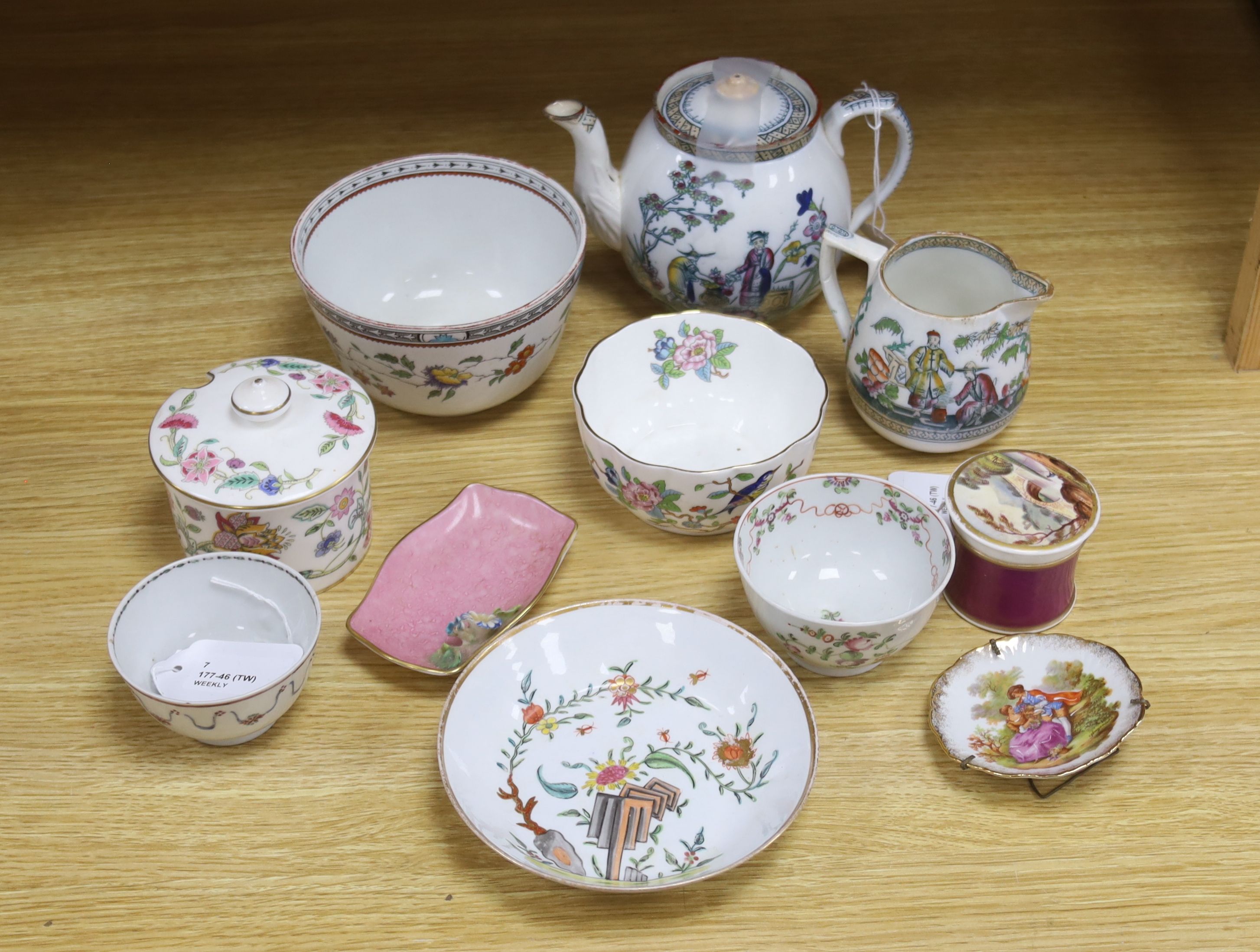 A small collection of English and Continental ceramics, including two 18th century tea bowls